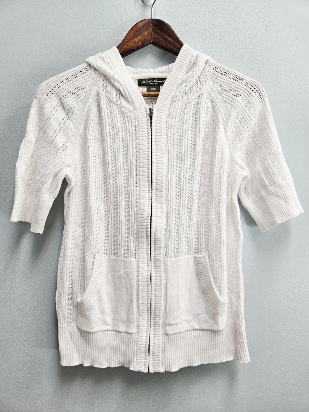 Eddie Bauer Medium Short Sleeve Zip Hoodie White Pointelle Sweater Knit
